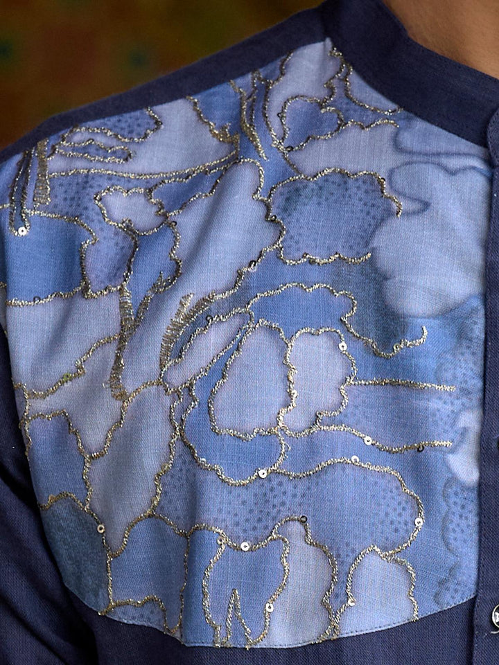 Navy Blue Color Cotton fabric Digital Printed Embroidery work kurta Set for men - VJV Now