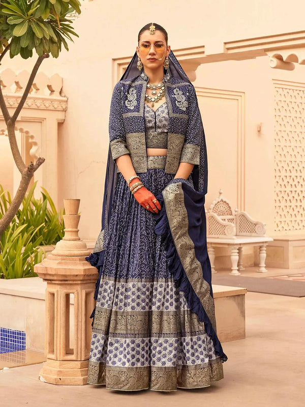 Navy Blue Embroidered Jacket Style Lehenga Choli Set with Zari Work dupatta for Weeding - VJV Now