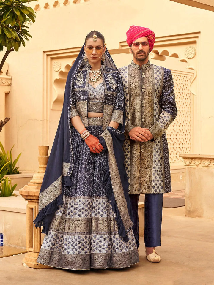 Navy Blue Embroidered Jacket Style Lehenga Choli Set with Zari Work dupatta for Weeding - VJV Now