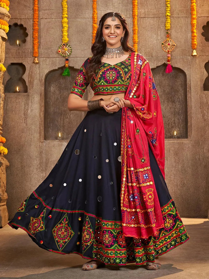 Navy Blue Embroidered with Mirror Work Navratri Festival Lehenga Choli - VJV Now