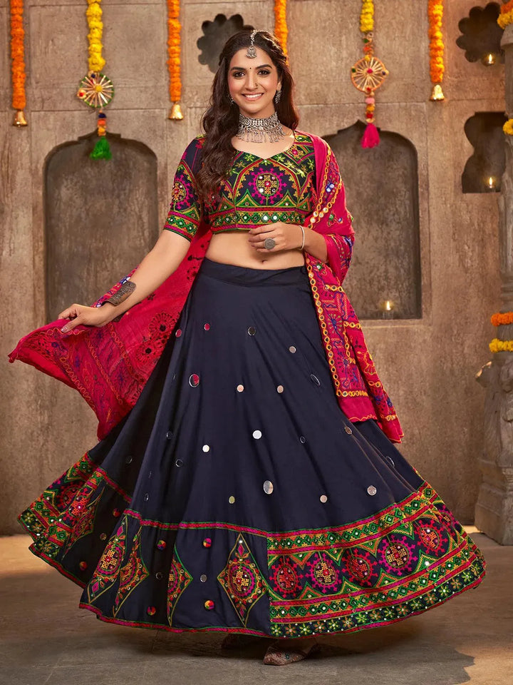 Navy Blue Embroidered with Mirror Work Navratri Festival Lehenga Choli - VJV Now