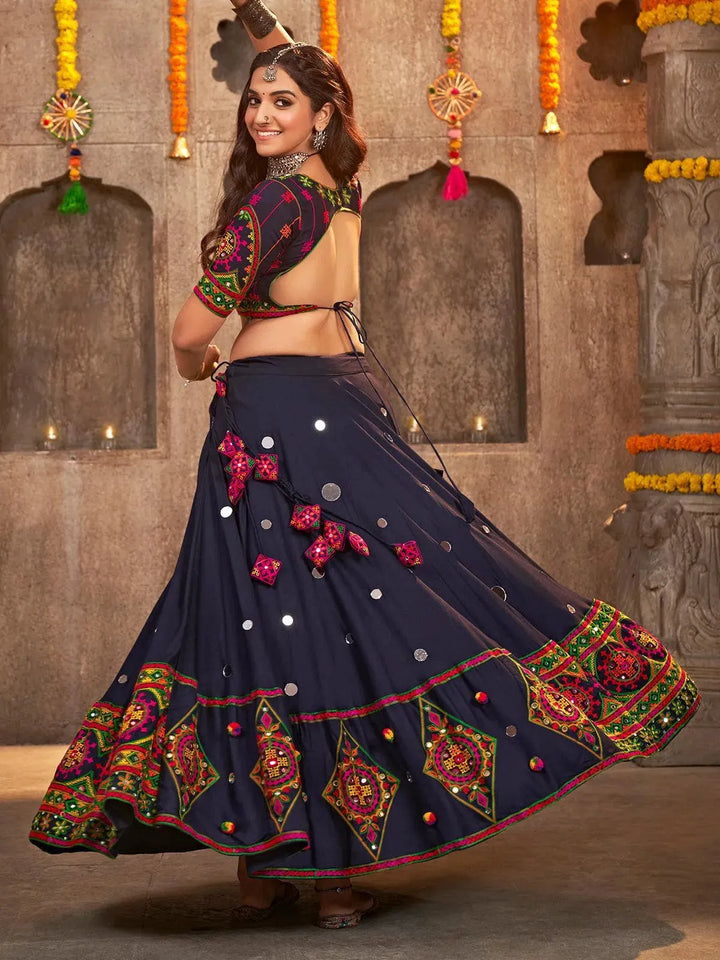 Navy Blue Embroidered with Mirror Work Navratri Festival Lehenga Choli - VJV Now