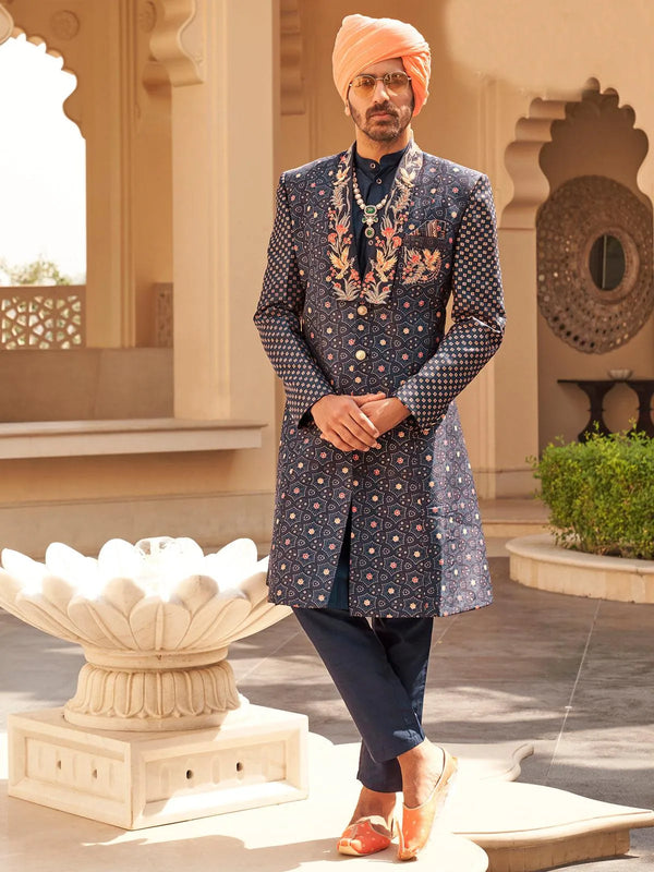 Navy Blue Men's Indo-wester Silk Patola Sherwani Set For Weeding - VJV Now