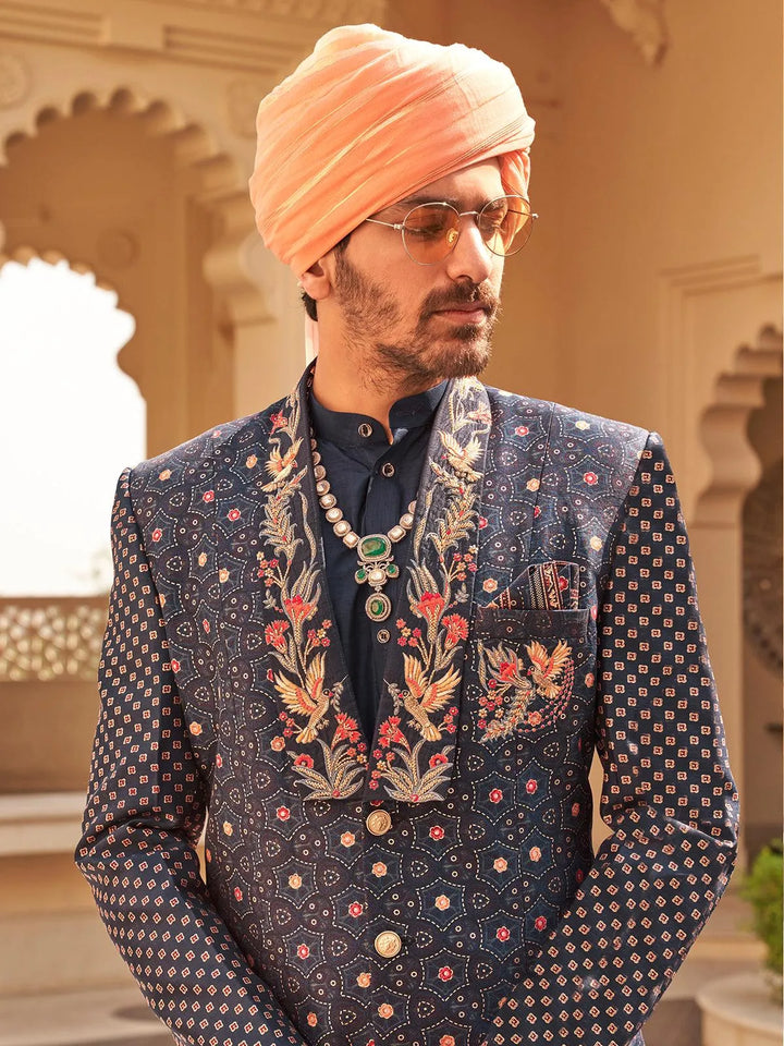 Navy Blue Men's Indo-wester Silk Patola Sherwani Set For Weeding - VJV Now