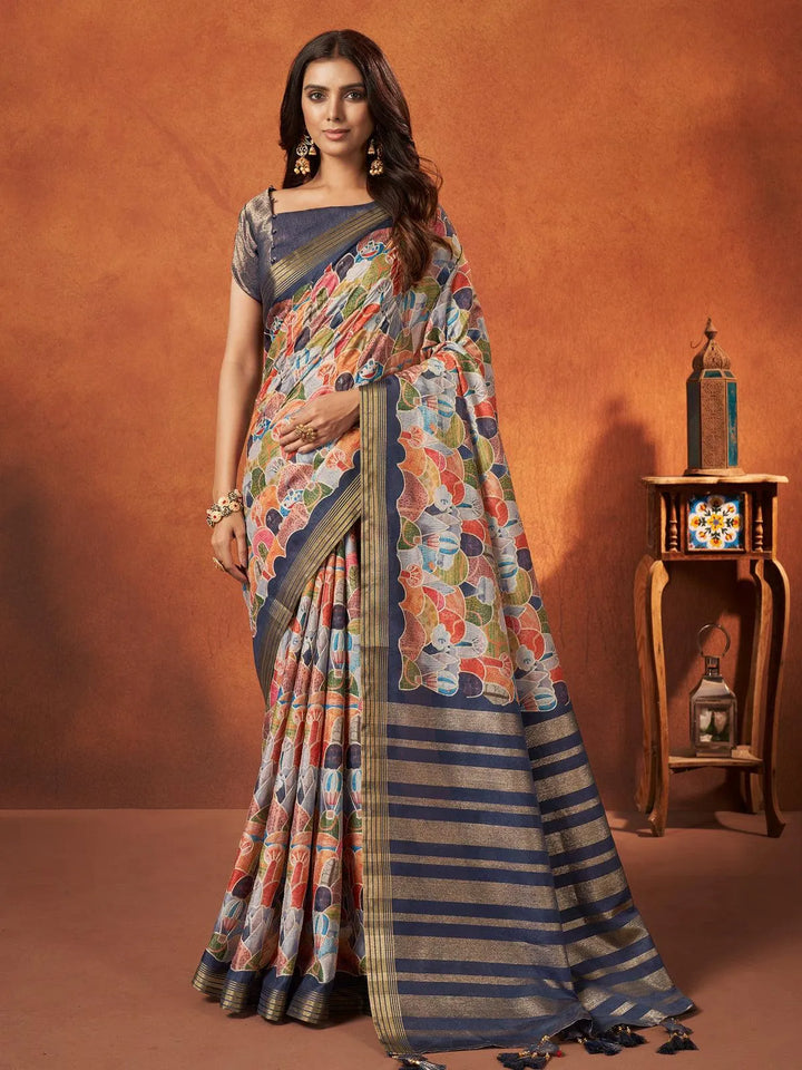 Navy Blue Multi Printed Work Crepe Soft Silk Saree - VJV Now