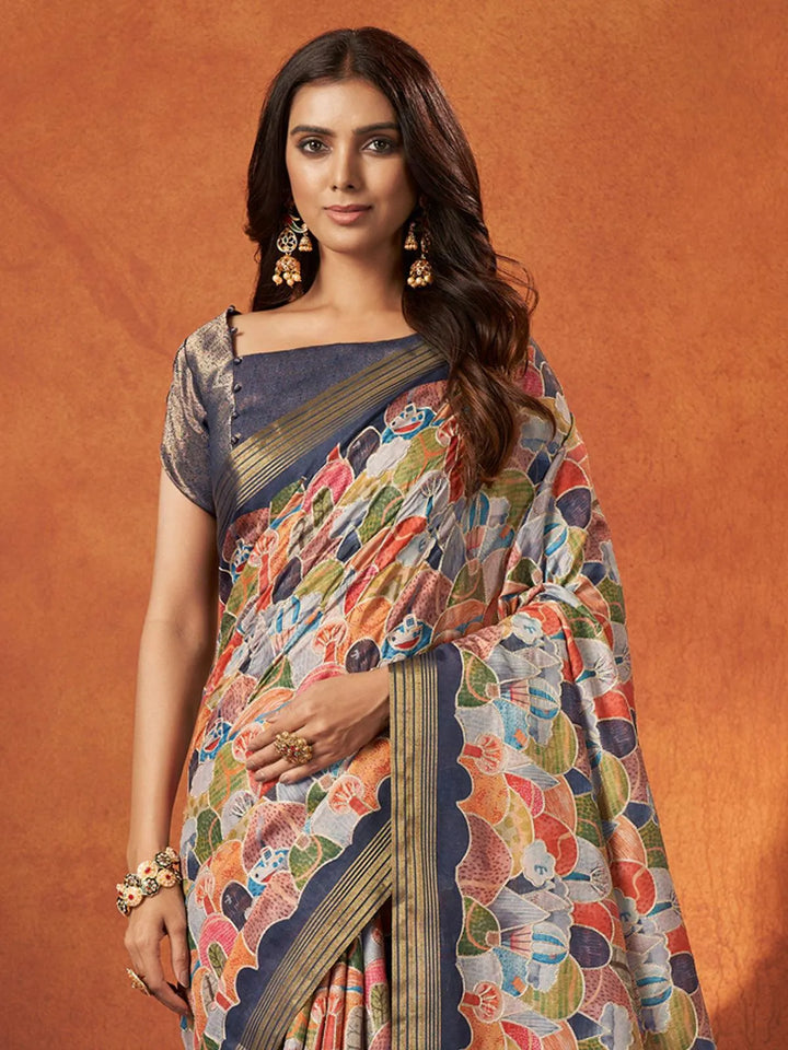 Navy Blue Multi Printed Work Crepe Soft Silk Saree - VJV Now