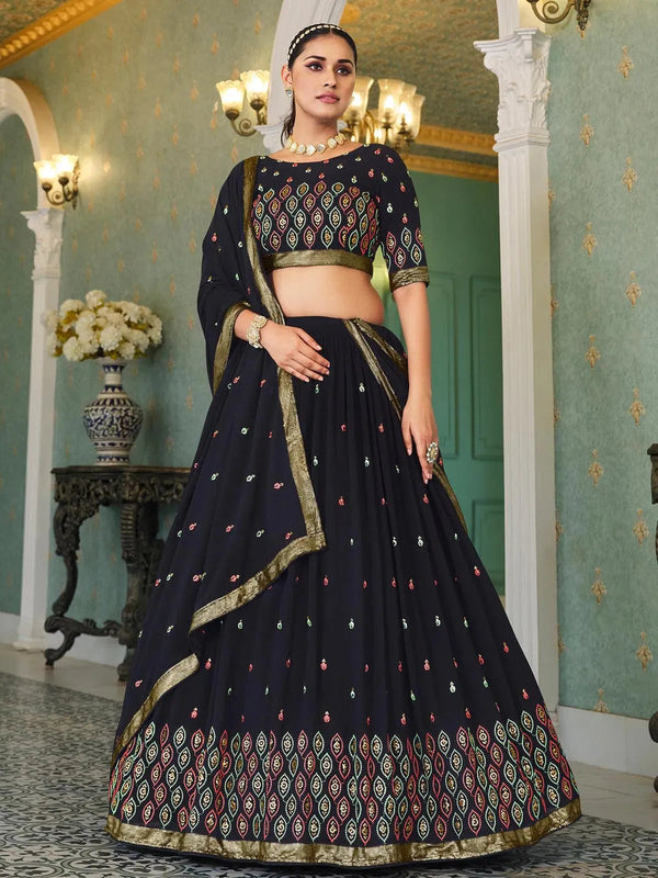 Navy Blue Sequince Embroidered Work Umbrella Lehenga Choli Design Wedding Wear - VJV Now