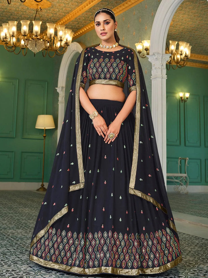 Navy Blue Sequince Embroidered Work Umbrella Lehenga Choli Design Wedding Wear - VJV Now