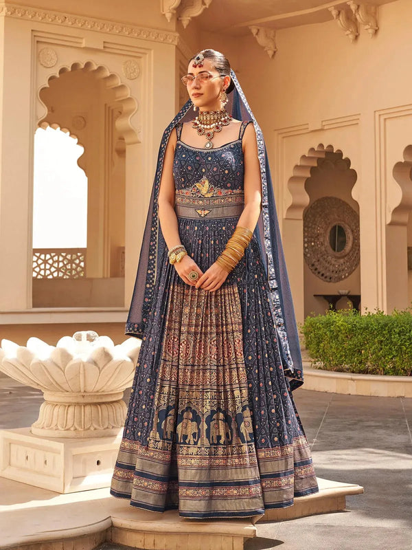 Navy Blue Silk Lehenga Style Gown choli Set for Weeding Wear - VJV Now