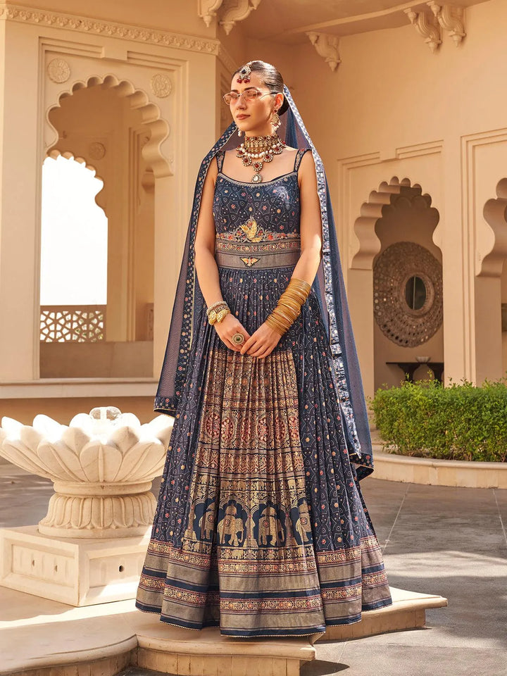 Navy Blue Silk Lehenga Style Gown choli Set for Weeding Wear - VJV Now