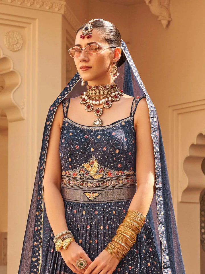 Navy Blue Silk Lehenga Style Gown choli Set for Weeding Wear - VJV Now