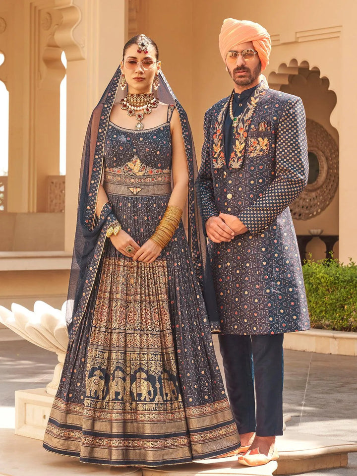 Navy Blue Silk Lehenga Style Gown choli Set for Weeding Wear - VJV Now