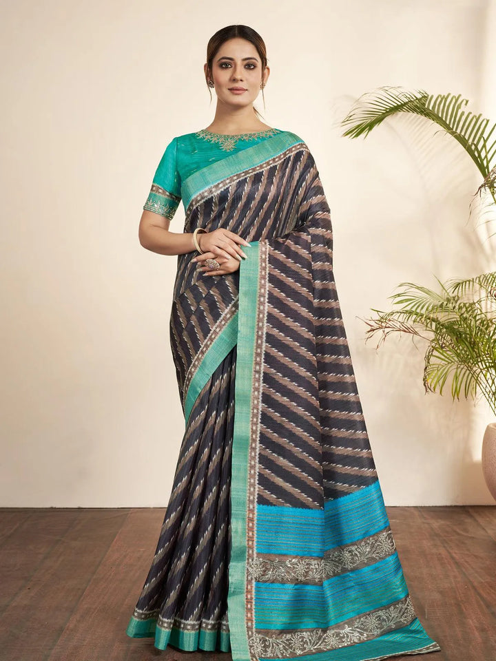 Navy Blue Stripe Printed Classic Silk Saree - VJV Now