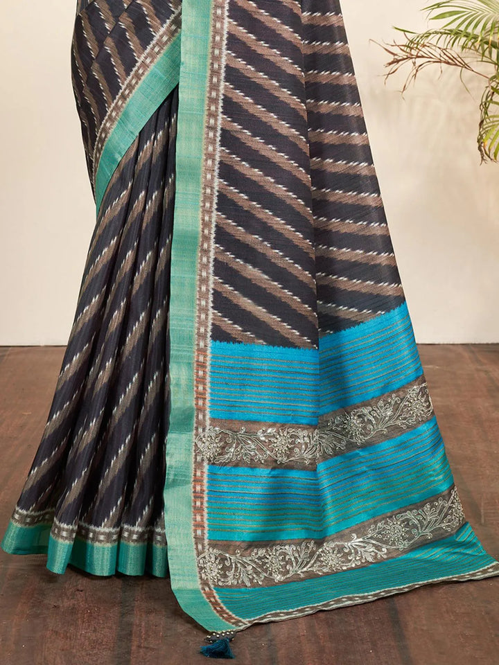 Navy Blue Stripe Printed Classic Silk Saree - VJV Now