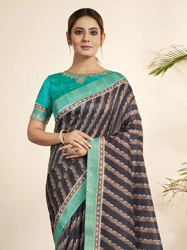 Navy Blue Stripe Printed Classic Silk Saree - VJV Now