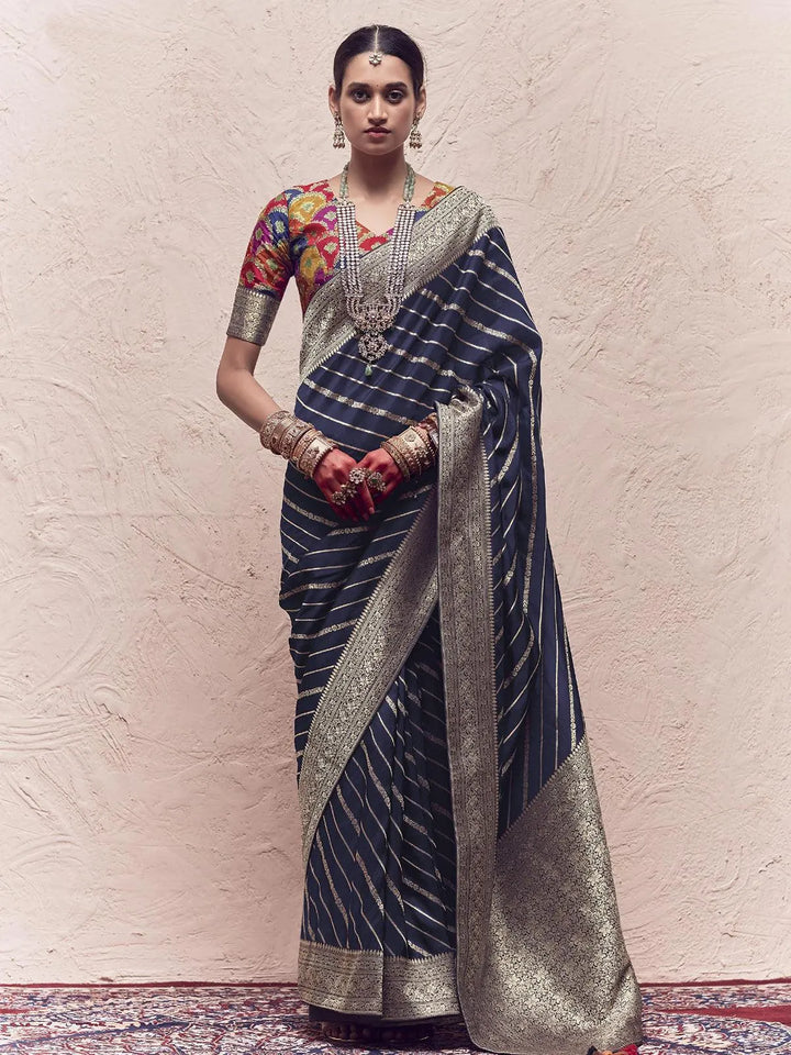 Navy Blue Woven Banarasi Art Silk Designer Saree - VJV Now