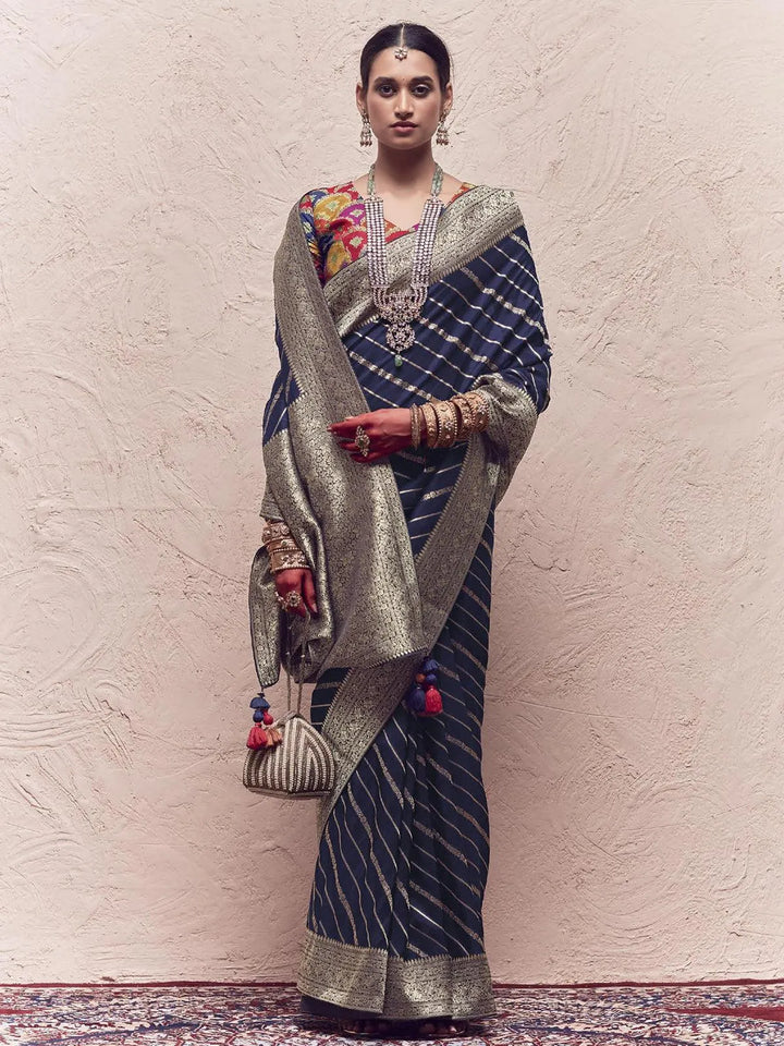 Navy Blue Woven Banarasi Art Silk Designer Saree - VJV Now