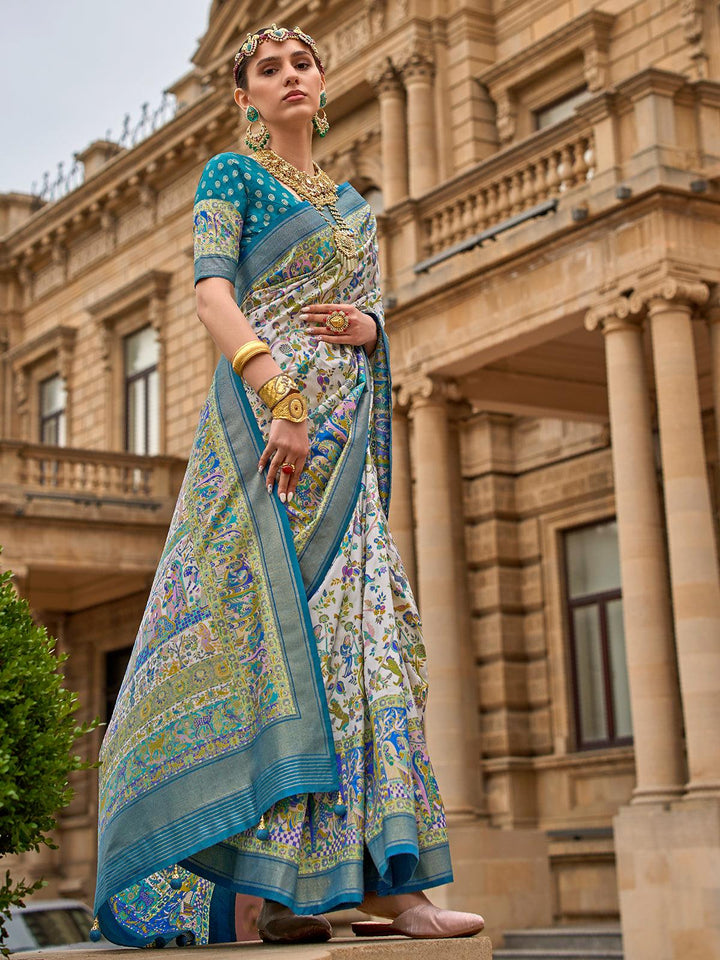 Off White And Teal Blue Color Georgette Silk Saree Party Wear - VJV Now