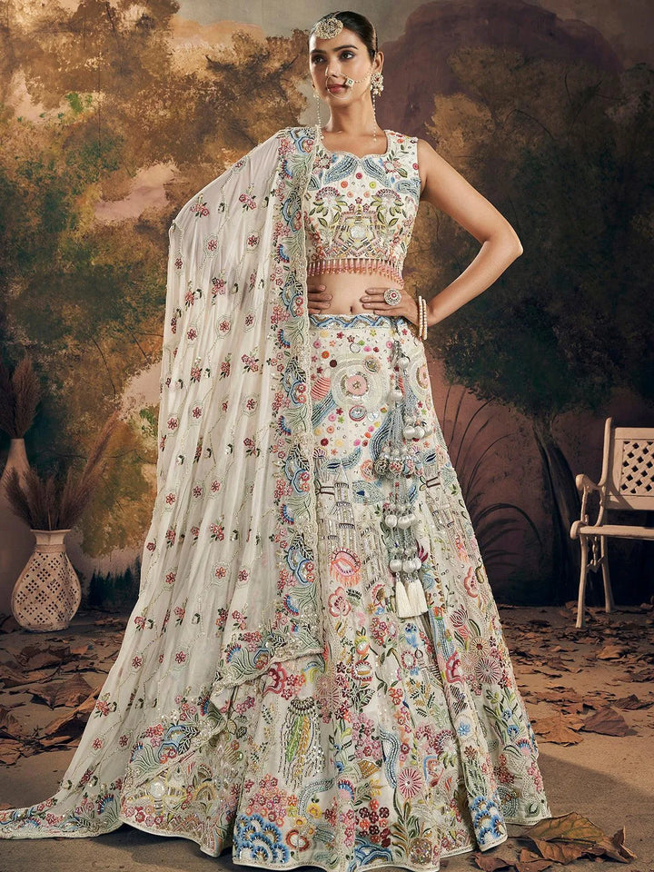 off-white Lehenga Choli Set with Beads work for weeding - VJV Now