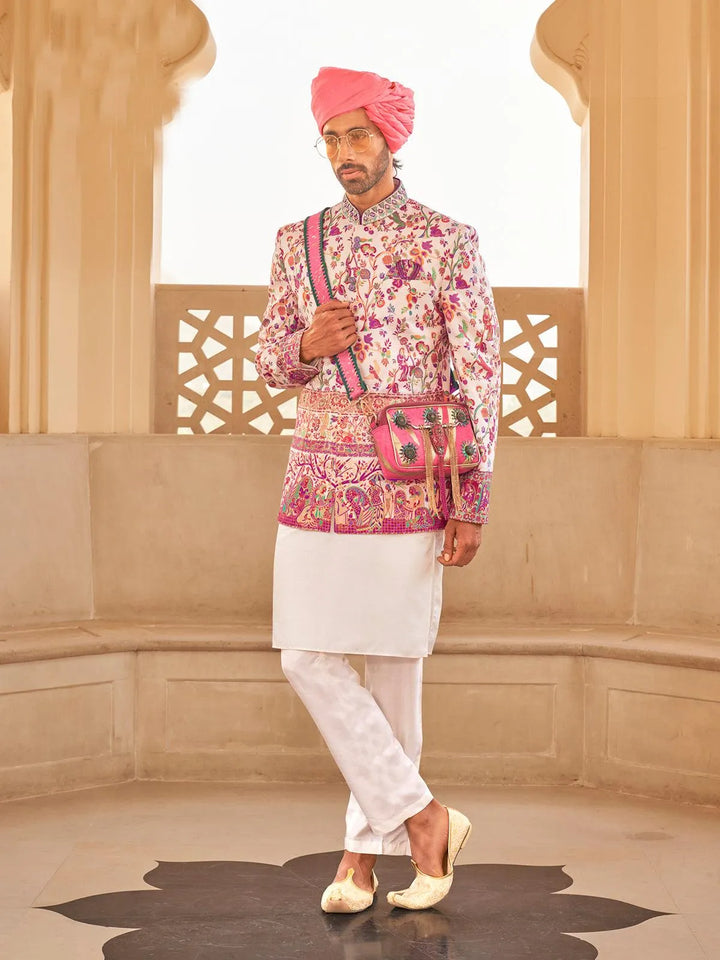 Off-White Men's Indo-wester Patola Koti Sherwani Set For Weeding - VJV Now