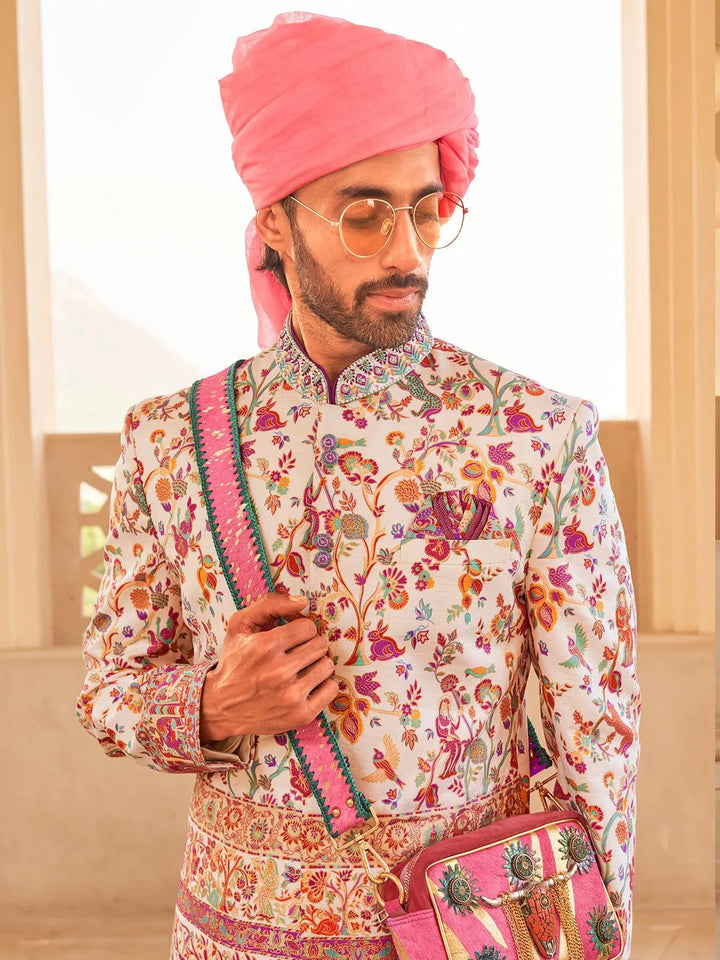 Off-White Men's Indo-wester Patola Koti Sherwani Set For Weeding - VJV Now