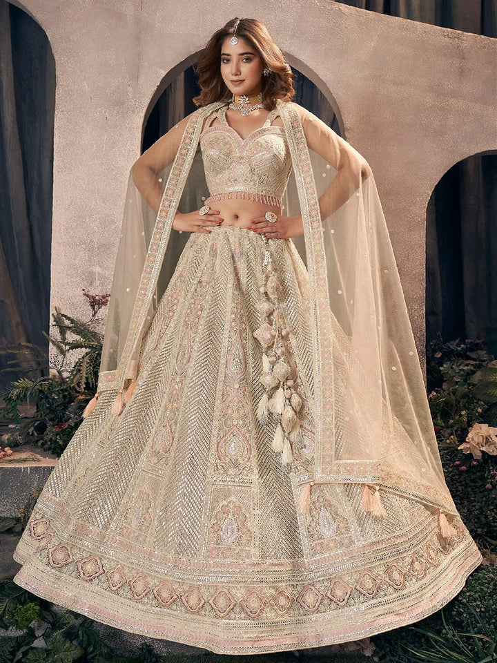 Off White Multi Embroidered Work Umbrella Lehenga Coli - VJV Now