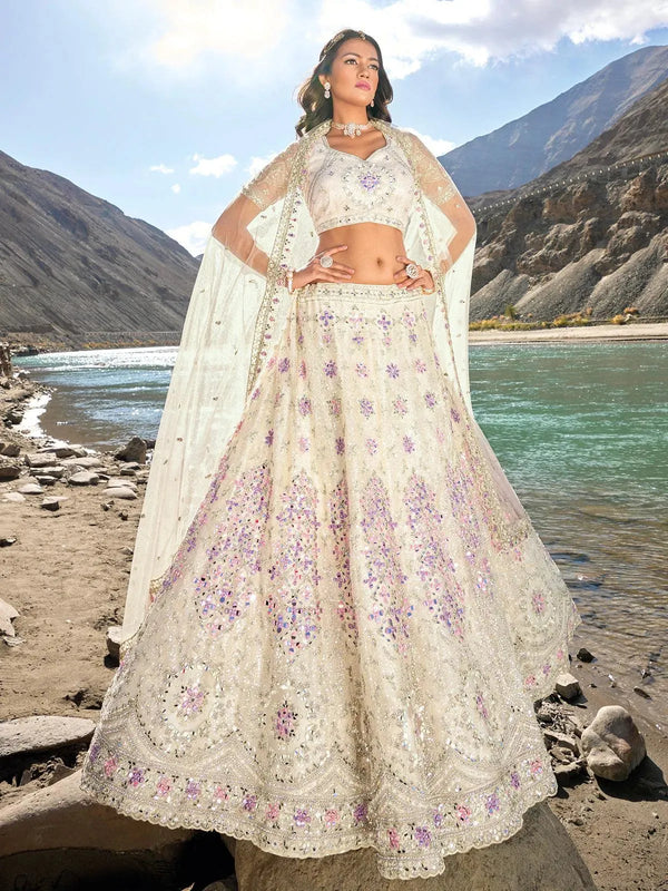 Off White Net Embroidered and Mirror Work Umberalla Lehenga Choli Designer Wear - VJV Now