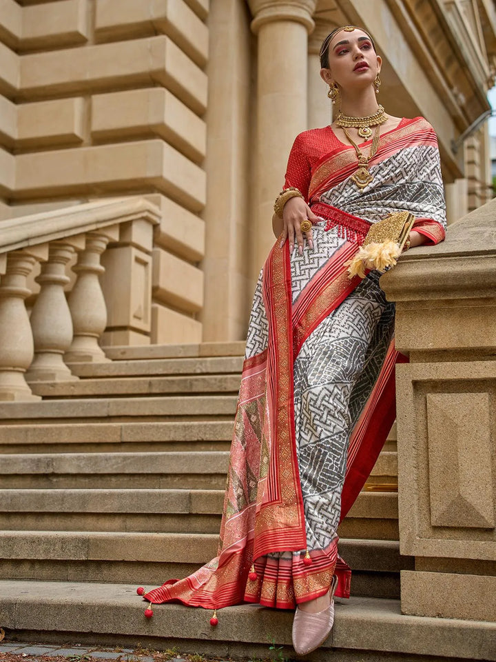 Off White Patola Printed Silk Designer Wear saree - VJV Now