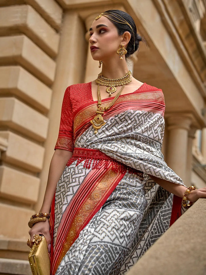 Off White Patola Printed Silk Designer Wear saree - VJV Now