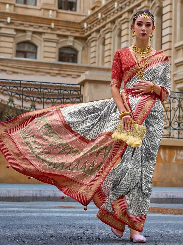 Off White Patola Printed Silk Designer Wear saree - VJV Now