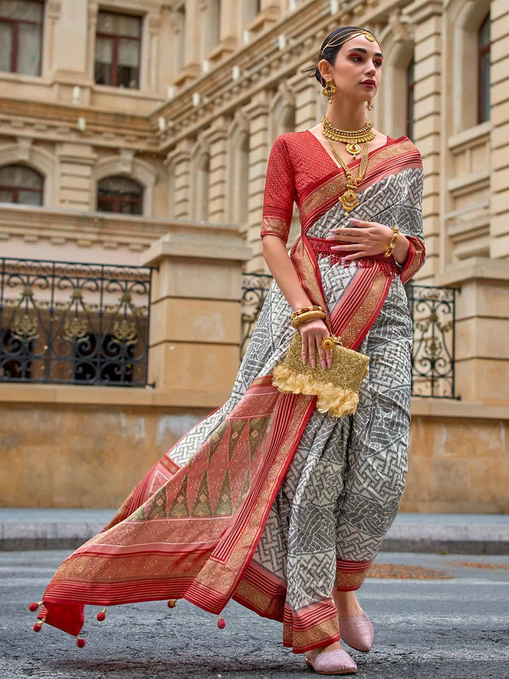 Off White Patola Printed Silk Designer Wear saree - VJV Now