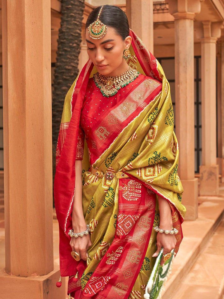 Olive Green And Red Woven Patola Silk Saree - VJV Now