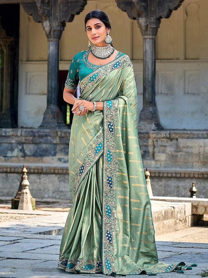 Olive Green Color Embroidered Banarasi Silk Saree - VJV Now