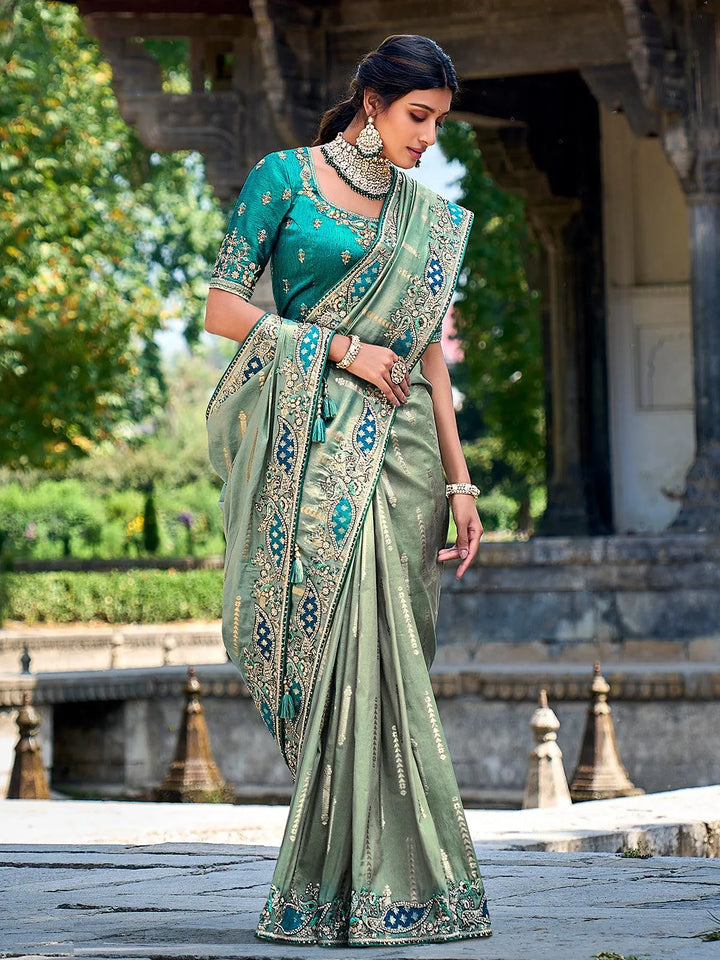 Olive Green Color Embroidered Banarasi Silk Saree - VJV Now