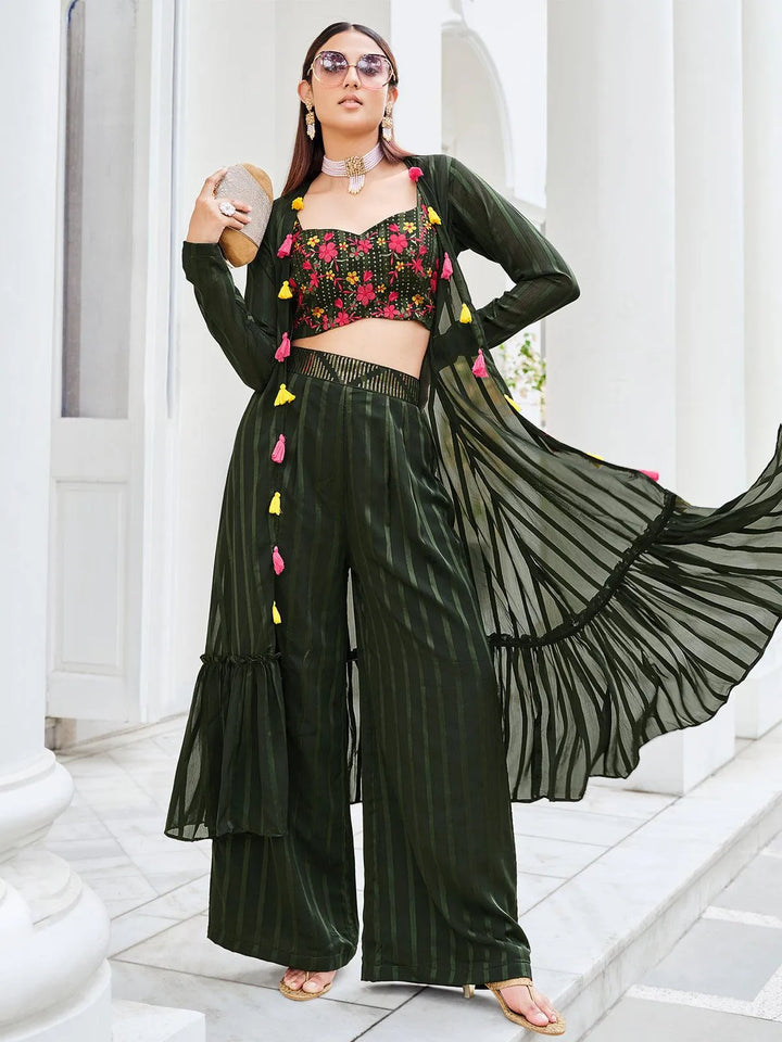 Olive Green Designer Koti Style Embroidered Work with Mirror choli with Palazzo Set - VJV Now