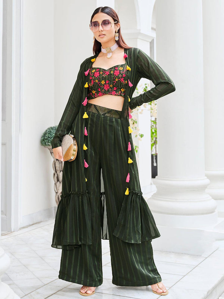 Olive Green Designer Koti Style Embroidered Work with Mirror choli with Palazzo Set - VJV Now