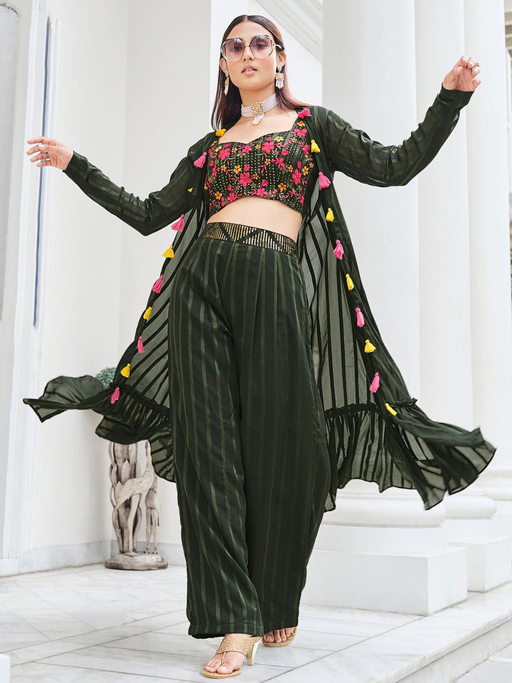 Olive Green Designer Koti Style Embroidered Work with Mirror choli with Palazzo Set - VJV Now