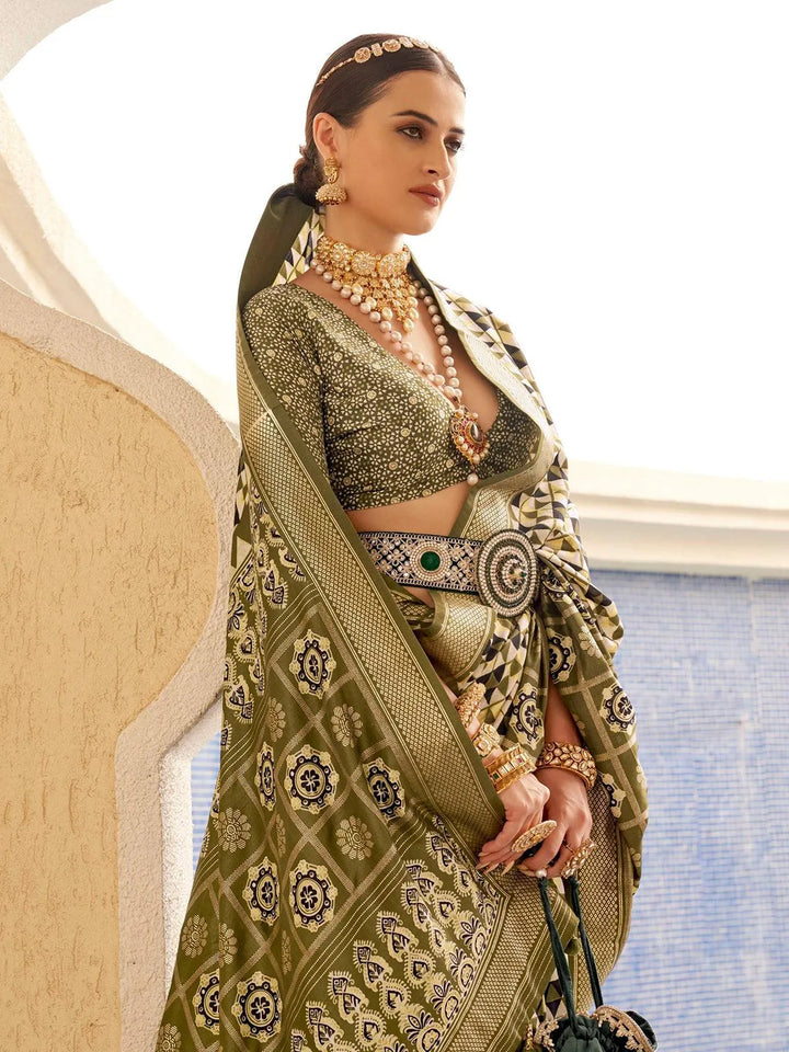 Olive Green Digital Printed Classic Silk Saree - VJV Now