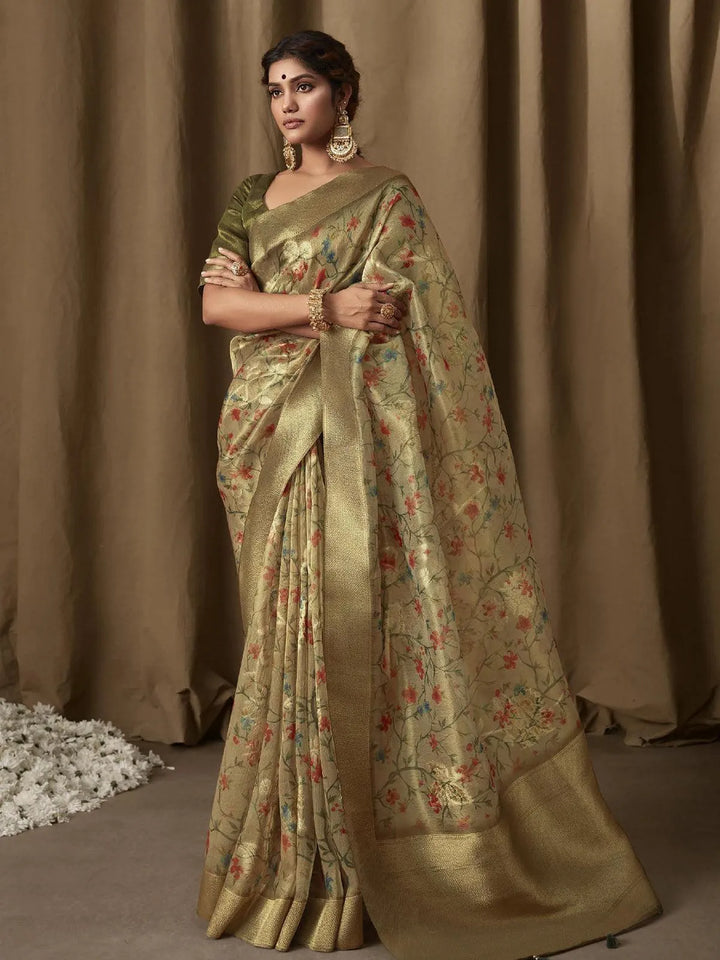 Olive Green Digital Printed Zari Work Banarasi Saree - VJV Now