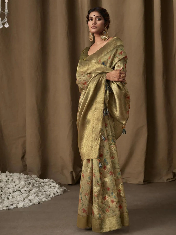 Olive Green Digital Printed Zari Work Banarasi Saree - VJV Now