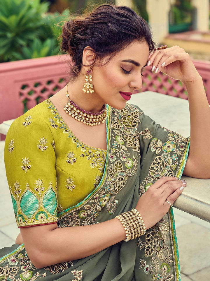 Olive Green heavy embroidered Silk saree - VJV Now