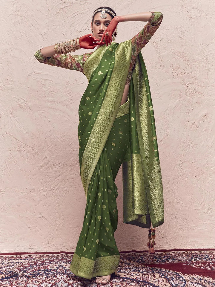 Olive Green Woven Banarasi Art Silk Designer Saree - VJV Now