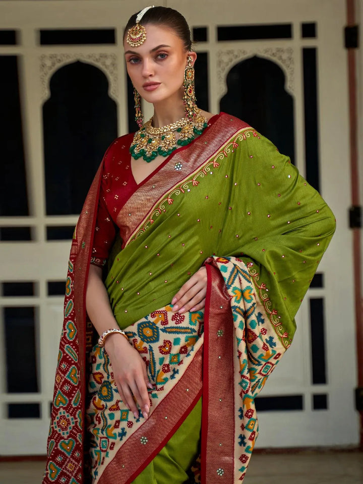 Olive Green Woven Patola Silk Saree - VJV Now