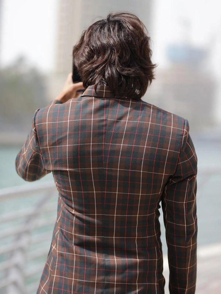 Opulent Brown Color Men's Double Breasted Checks Blazer - VJV Now