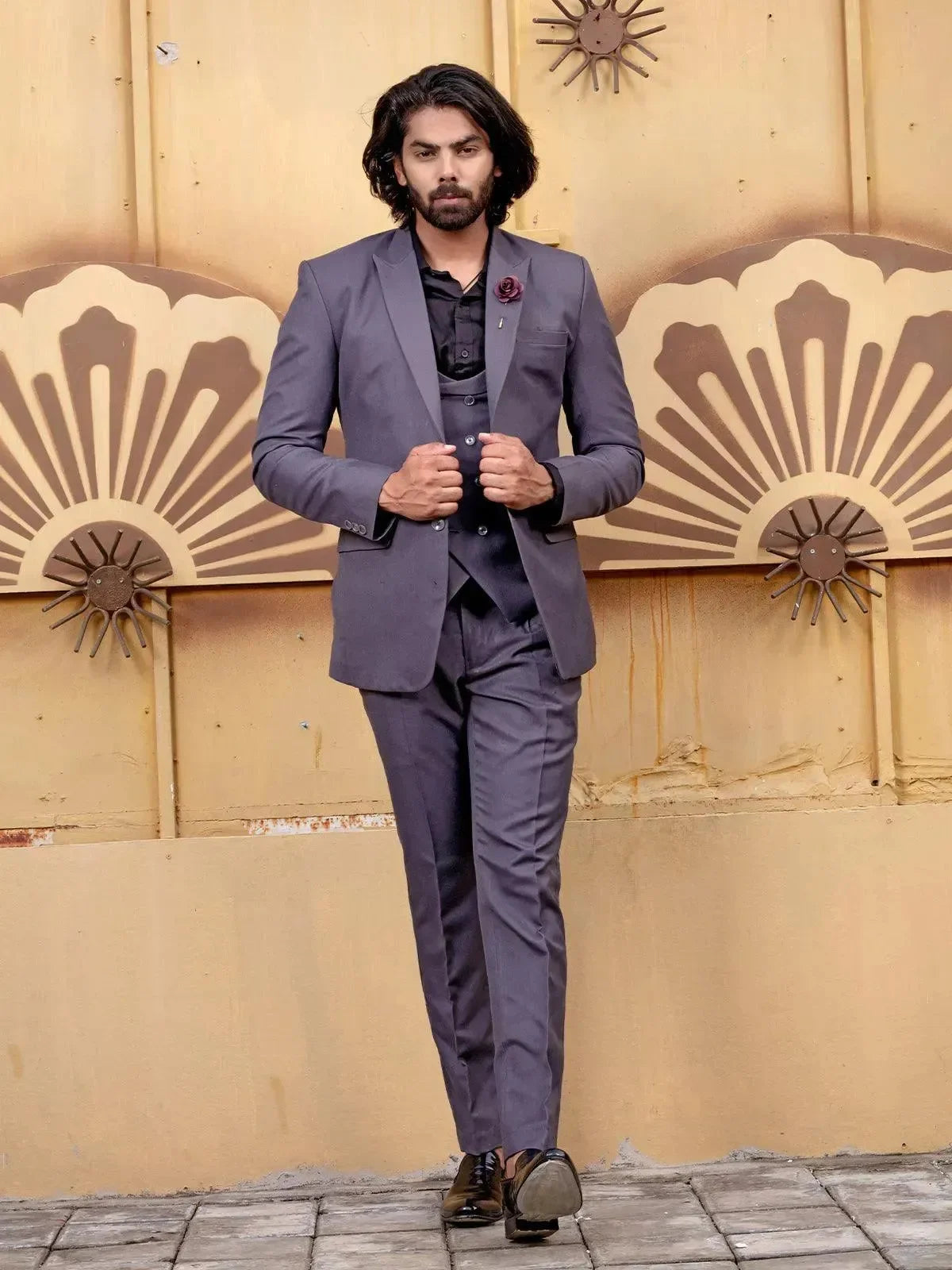 Opulent Dark Grey Color Men's Single Breasted Designer Suit - VJV