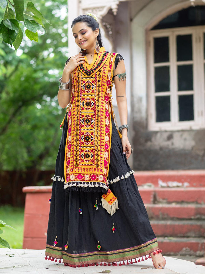 Orange aari Work Embroidery Top with black color readymade Lehenga skirt - VJV Now