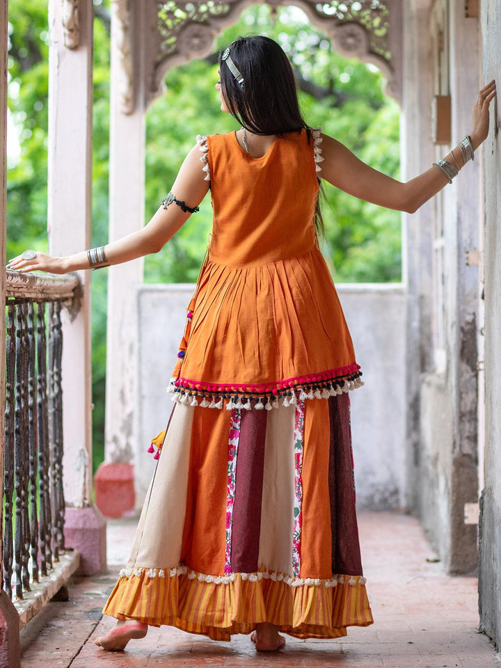 Orange aari Work Embroidery Top with multi color readymade Lehenga skirt - VJV Now