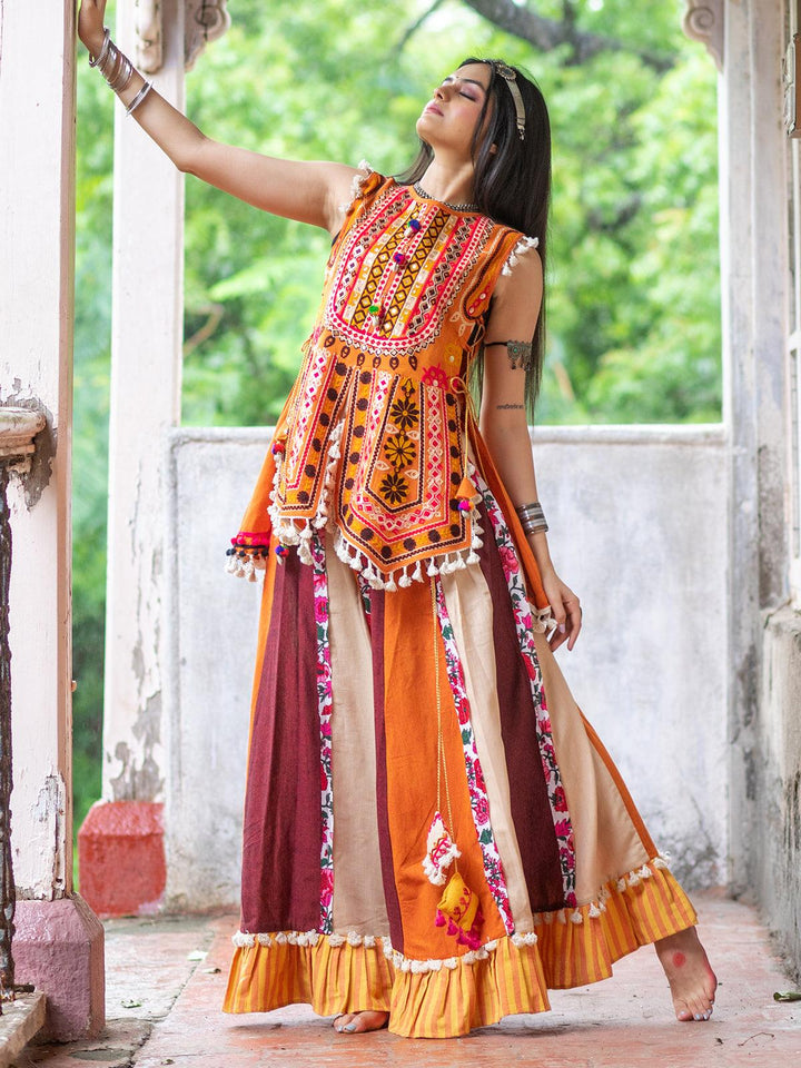 Orange aari Work Embroidery Top with multi color readymade Lehenga skirt - VJV Now