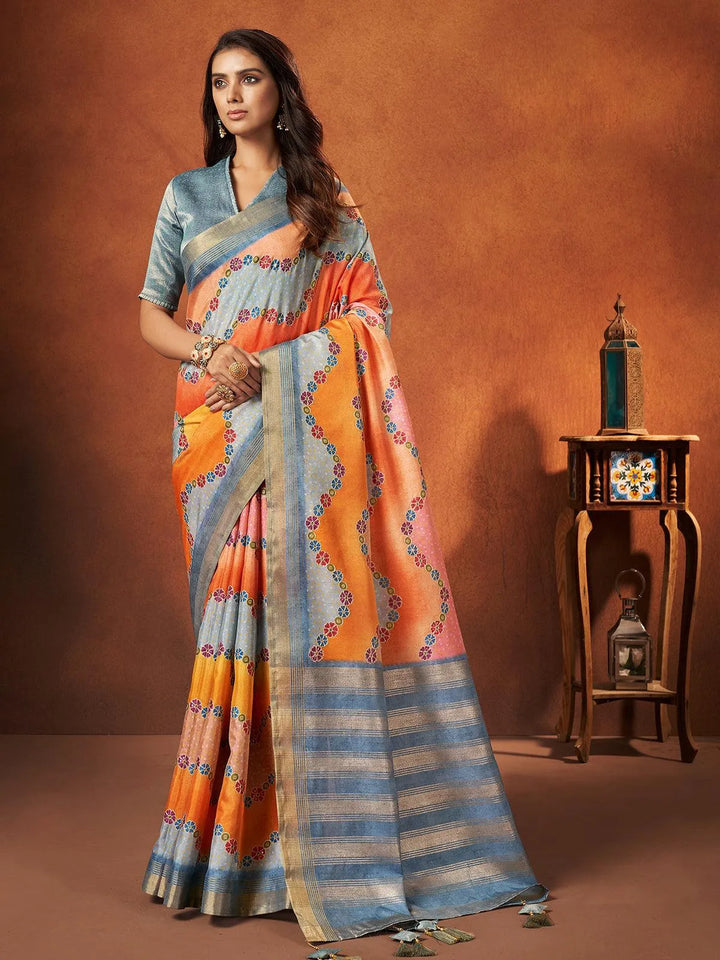 Orange And Light Blue Printed Work Crepe Soft Silk Saree - VJV Now