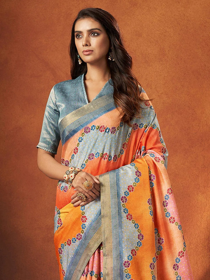 Orange And Light Blue Printed Work Crepe Soft Silk Saree - VJV Now